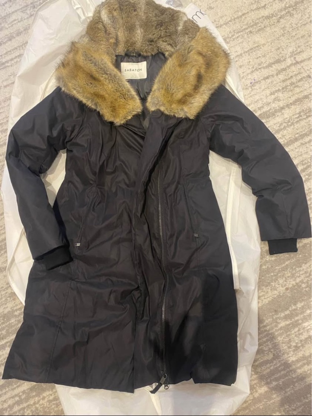 Babaton Black Trench Coat with Tan Faux-Fur Collar